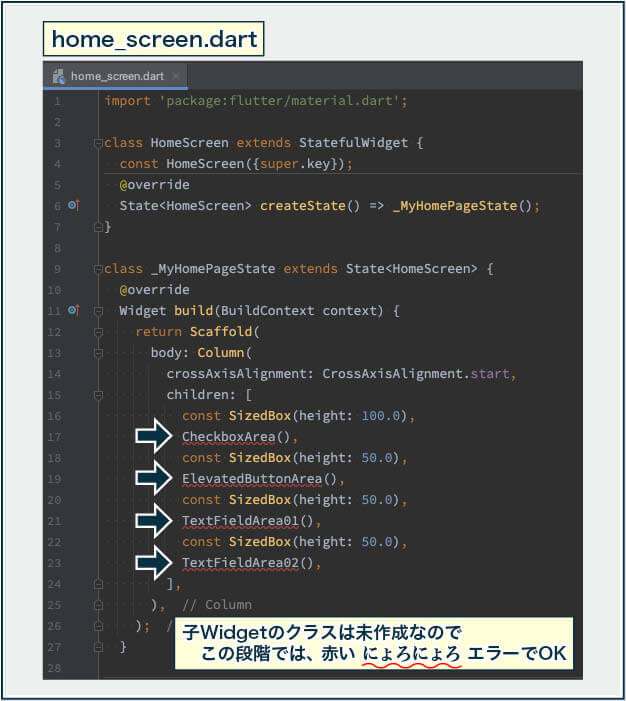 home_screen.dartに記述した4つの子Widget（クラスファイル）はまだ未作成なので、この段階ではエラー表示されている。