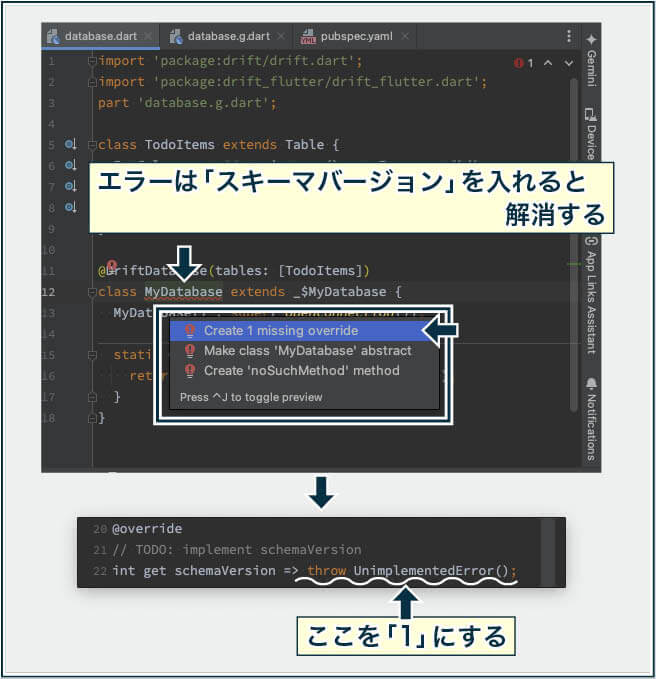 DriftDatabaseのクラス名のエラーは、スキーマバージョンを入れると解消する