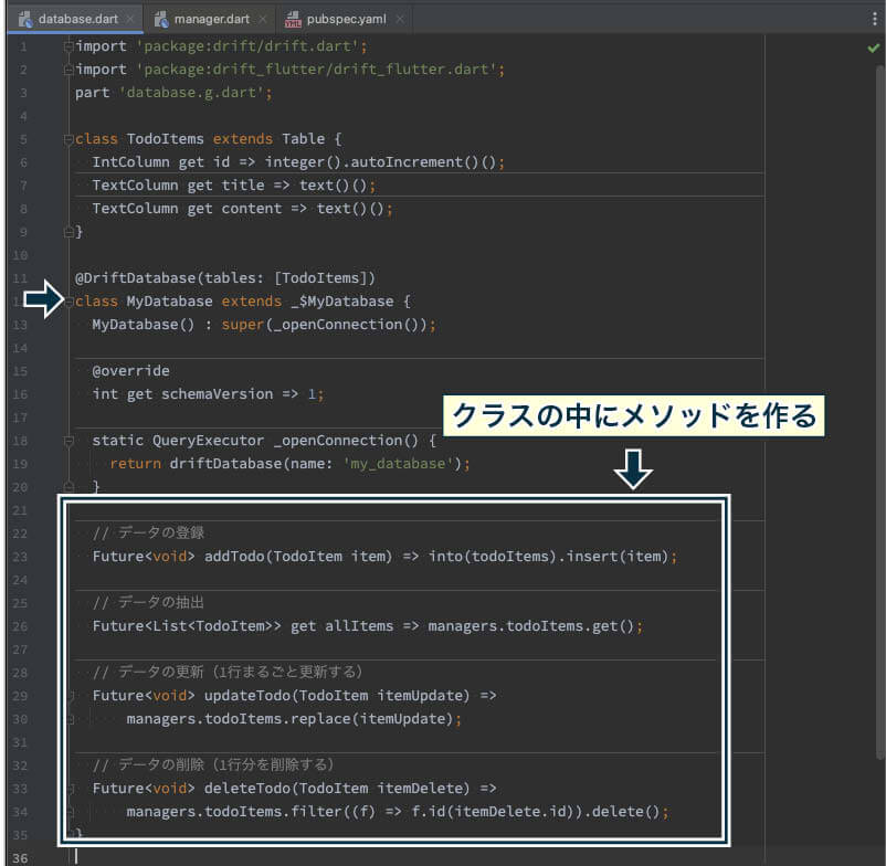 MyDatabaseクラスの中に、データの登録・抽出・削除・更新のメソッドを作る