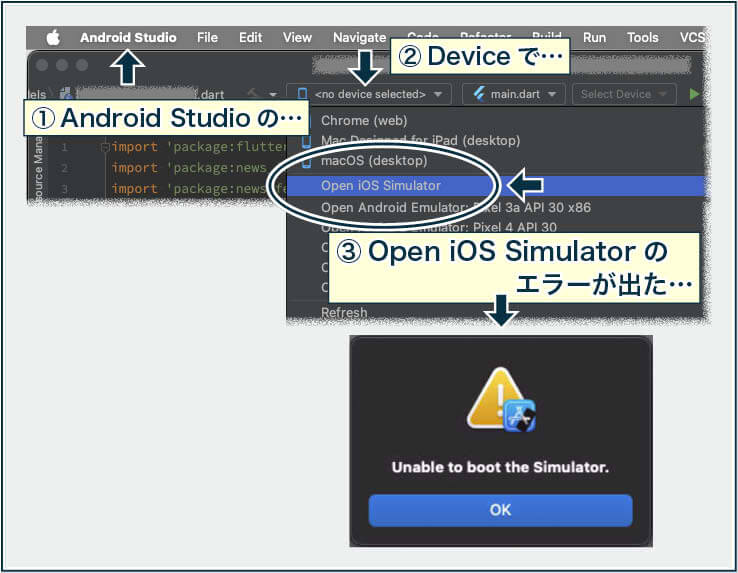 「Open iOS Simulator」を起動して表示された「Unable to boot the Simulator」のエラーダイアログ