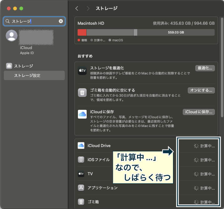 「ストレージ」を開くと「計算中...」と表示されるので、容量の計算が終わるまでしばらく待つ。