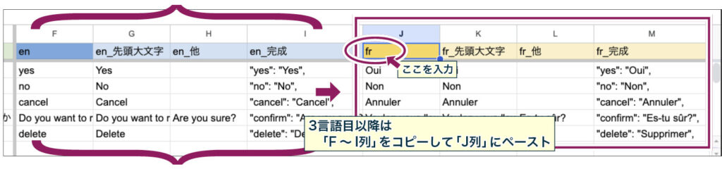 ３言語目を作成する場合は、英語の「F〜I列」をコピーして「J列」にペーストする