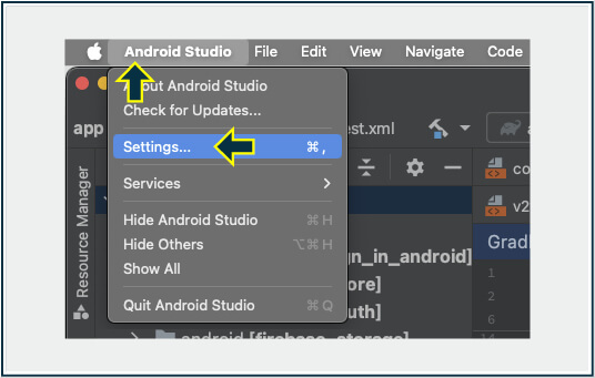 Android Studio（Androidモジュール）で、gradleタスクの表示方法を変更するために「Settings...」で設定画面を開くメニュー。