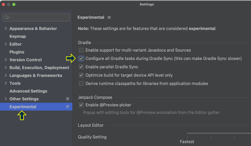 Android Studio（Androidモジュール）の「Settings...」画面で、gradleタスクの表示方法を変更するために「Configure all Gradle tasks during Gradle sync (this can make Gradle Sync slower)」にチェックを入れる。