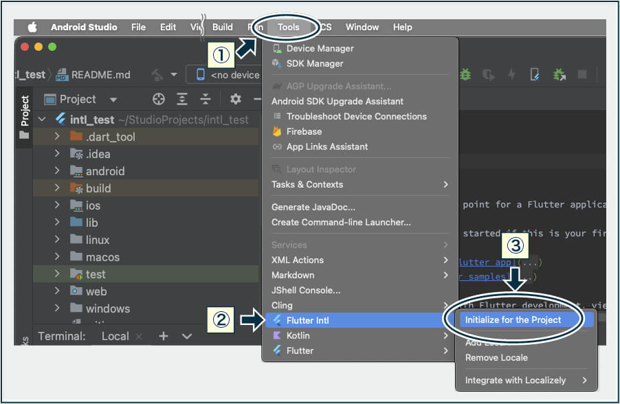 Android Studioの「Flutter Intl」プラグインのイニシャライズするメニュー項目