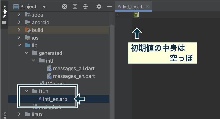 英語表記の定義ファイル「intl_en.arb」の初期状態は{}だけが入力されている。