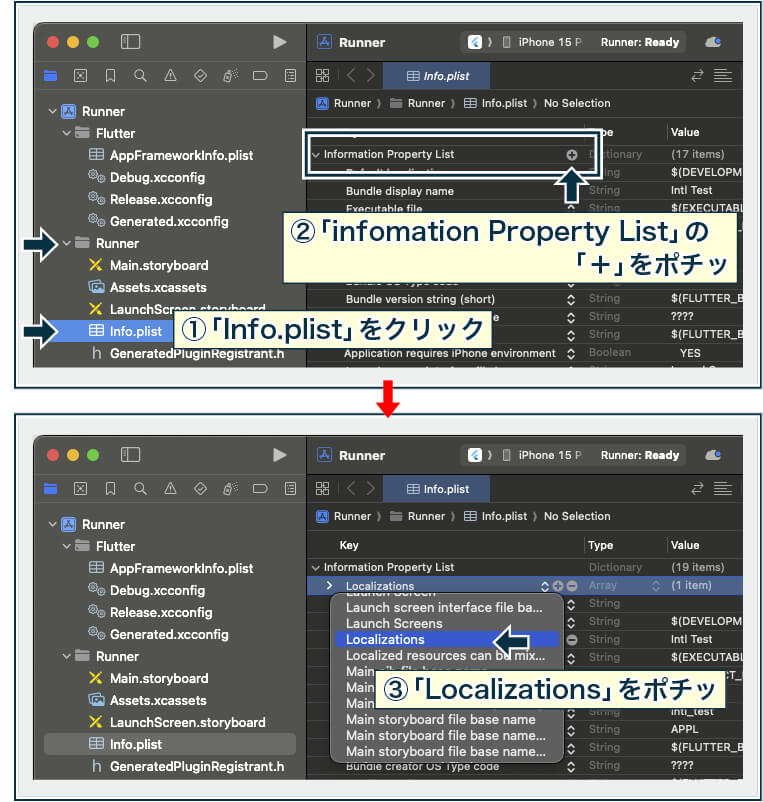 iOSの多言語設定するため、XcodeでInfo.plistを開いて、Information Property ListでLocalizationsを追加する図。