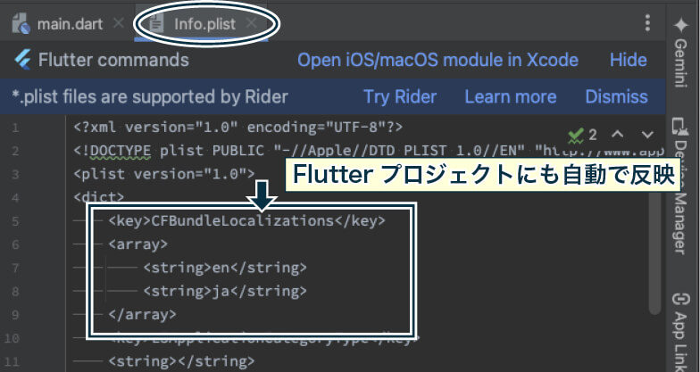 XcodeでiOSネイティブの多言語設定したあと、Flutterプロジェクトに戻って、Info.plistを表示している図。 Xcodeで編集した内容がきちんと反映されている。