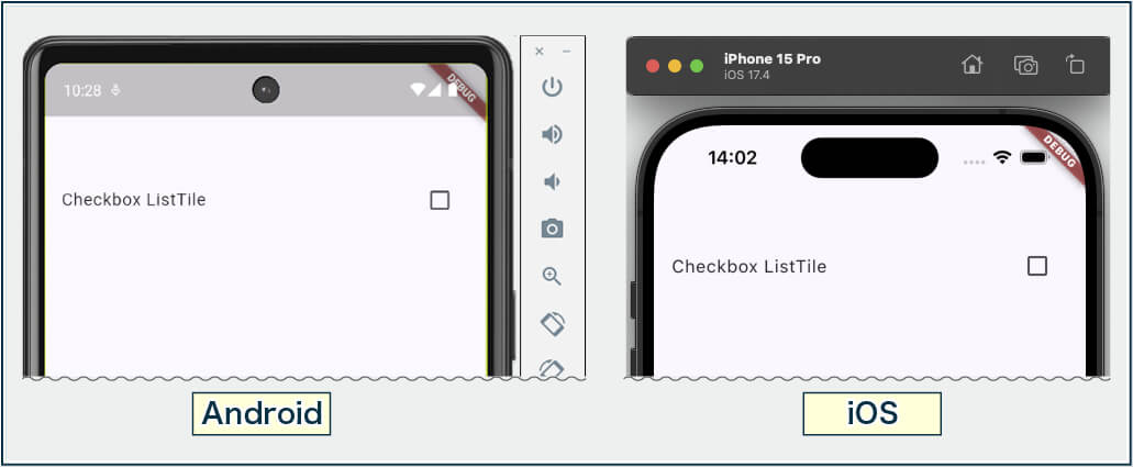 FlutterのCheckboxListTile()で作成したチェックボックス（左がAndroid、右がiOS）