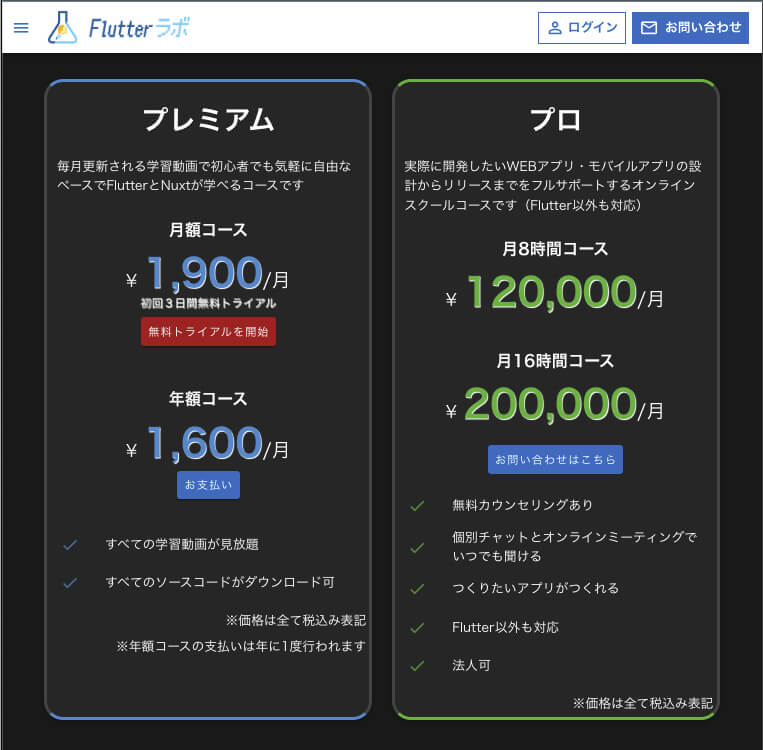 「Flutterラボ」の料金体系 プレミアム1,900円／月、プロ120,000円／月〜