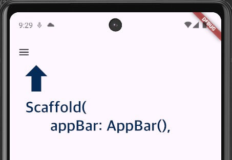 FlutterのDrawerで作るサイドメニューのアイコンを、ScaffoldのappBarプロパティでAppBar()を使って表示したアプリ画面