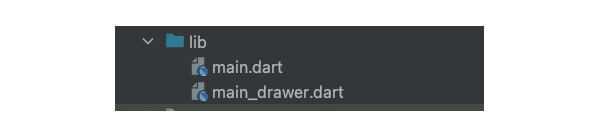 Flutterのプロジェクト内に、カスタムウィジェットのdartファイルとしてmain_drawer.dartを作成した例