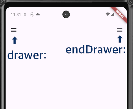 FlutterのDrawerで、左右の両側にサイドメニューのアイコンを表示した例。 左アイコンの表示は［drawer:］、右アイコンの表示には［endDrawer:］プロパティを使う。