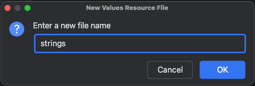 Flutterプロジェクト内の「app/src/main/res/value-en」に「strings」というファイル名の設定ファイルを作成している画面