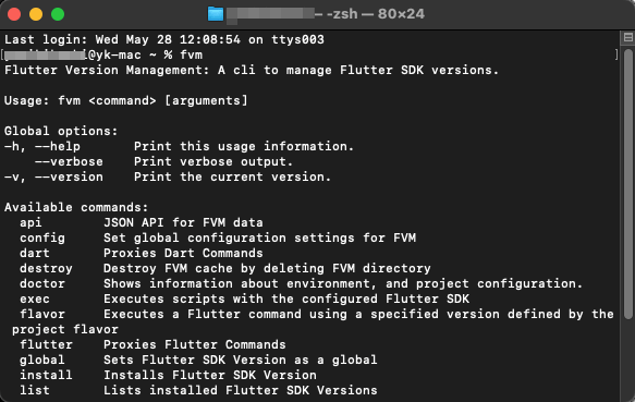 ターミナルから［fvm］と入力して、FVMの使い方（usage）が表示されたターミナル画面。これが表示されればfvmのパスが正常に通っているので、fvmコマンドが使えるようになっていることが確認できる。