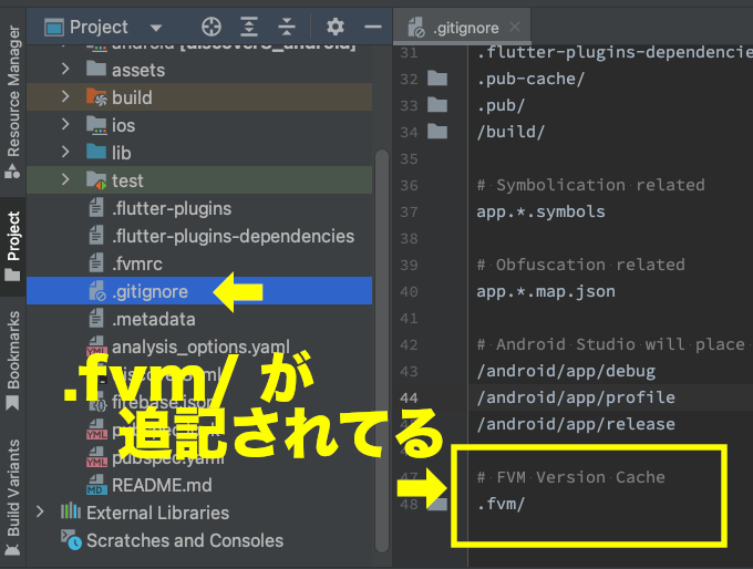 Android StudioのFlutterプロジェクトの「.gitignore」ファイルの末尾に、「.fvm/」が追加された画面